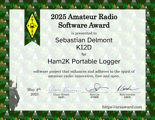Certificate of the 2025 Amateur Radio Software Award - Sebastian Delmont (KI2D) - Ham2K Portable Logger